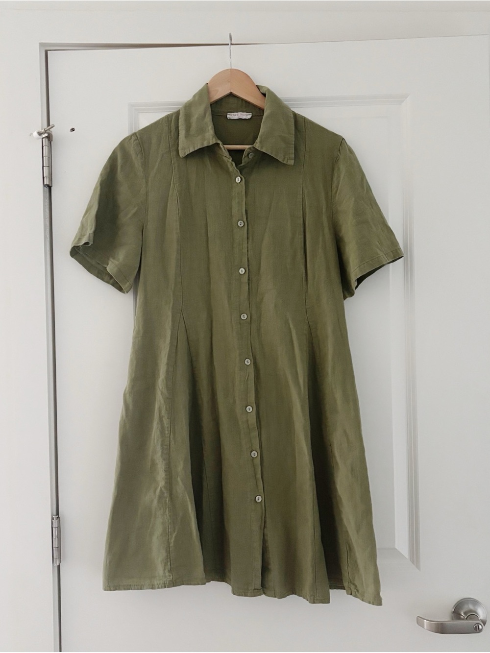 Spighe Di Lino Linen Cotton Swing Shirt Dress Short Sleeve Olive Green Large